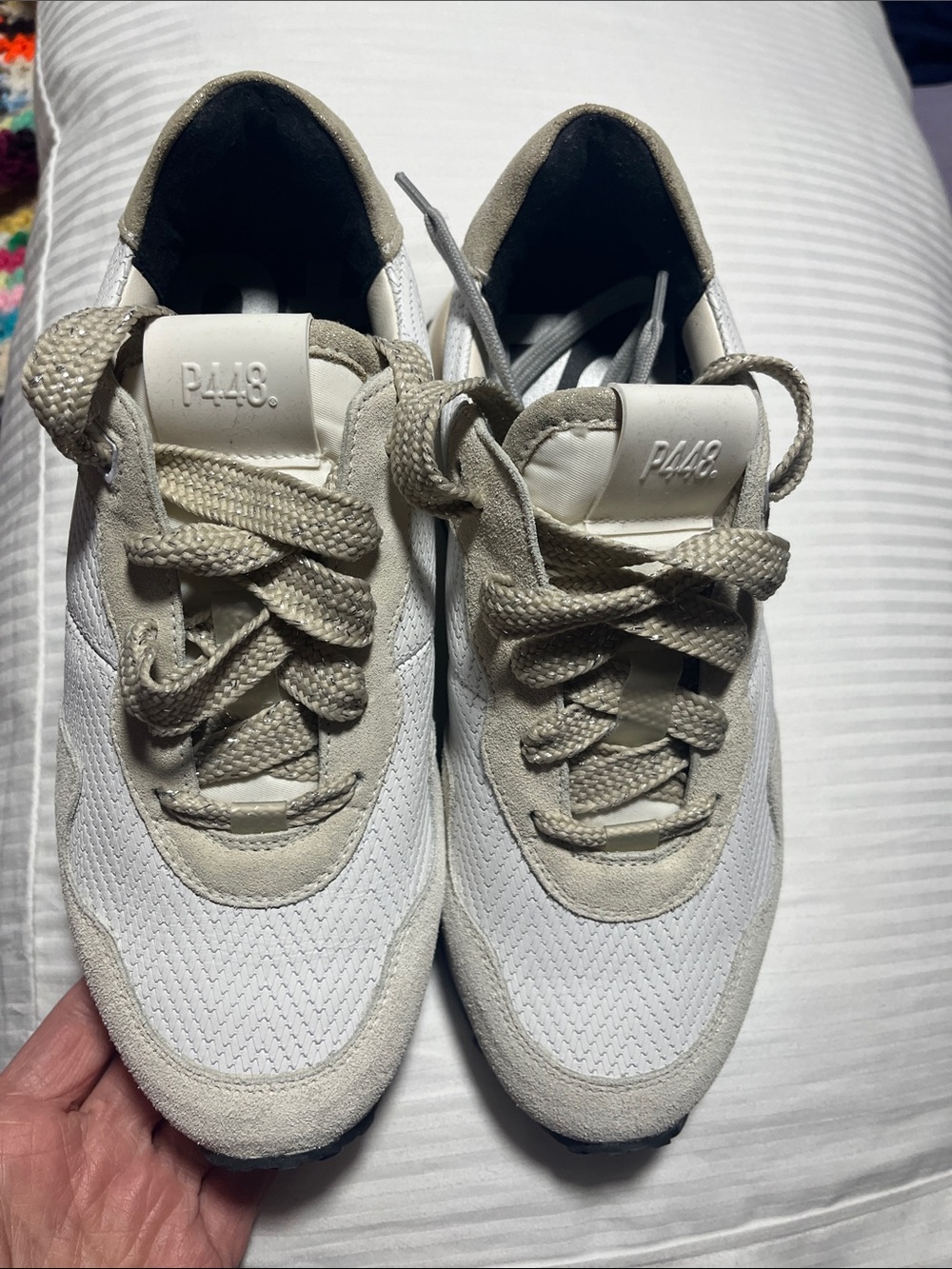 BNWOT P448 Neutral Suede & Mesh Low-Top Sneakers in Beige and White /Cancun